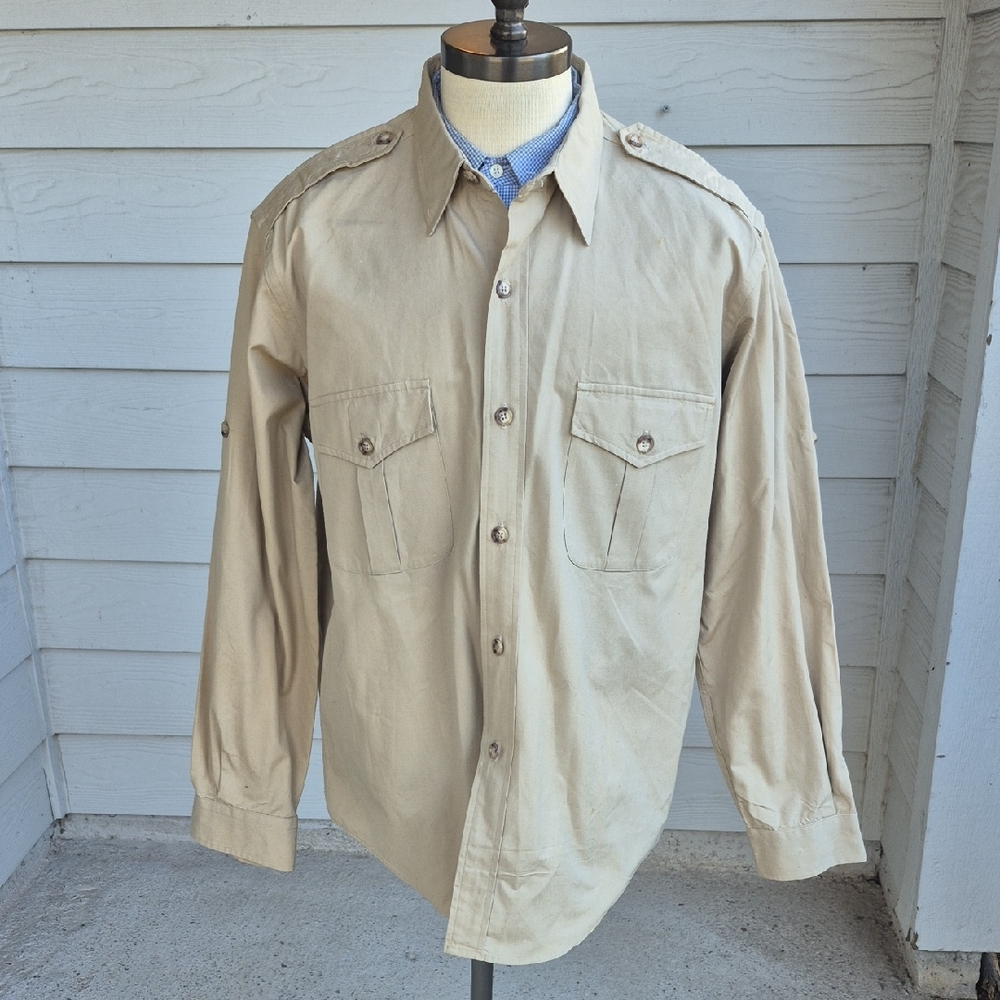 WILLIS & GEIGER Tan Beige USA Cotton Hunting Mens Long Sleeve Shirt Sz‎ XL VTG
